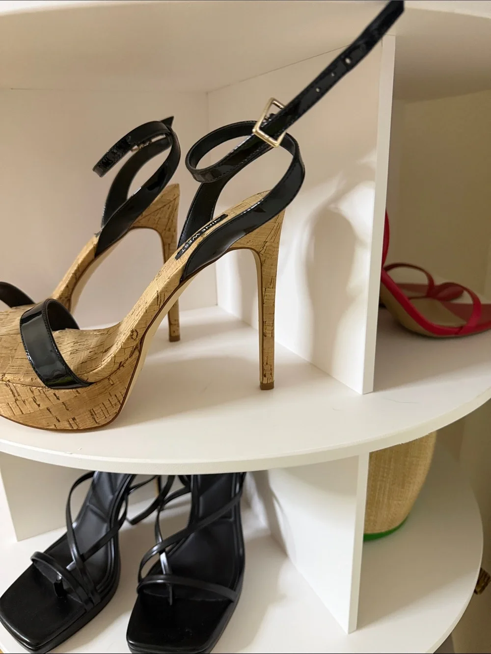 Nine West Black Patent Cork Platform Stiletto Sandals